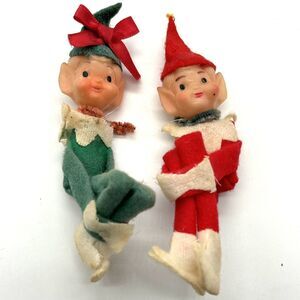 2 Vtg Shiny Brite Elf Pixie Knee hugger Retro Christmas Mid Century Holiday Deco